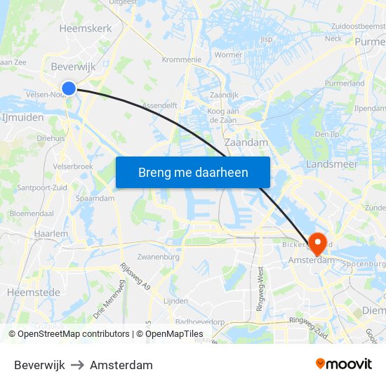 Beverwijk to Amsterdam map