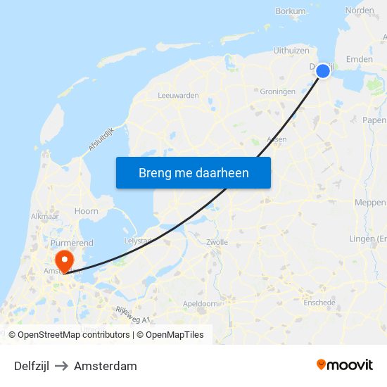 Delfzijl to Amsterdam map