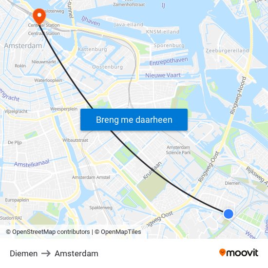 Diemen to Amsterdam map