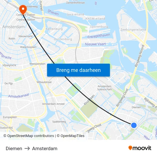 Diemen to Amsterdam map