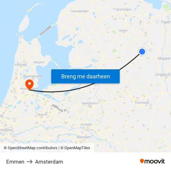 Emmen to Amsterdam map