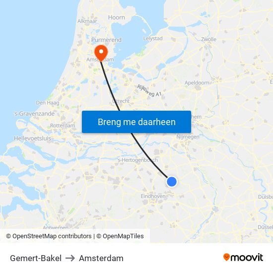 Gemert-Bakel to Amsterdam map