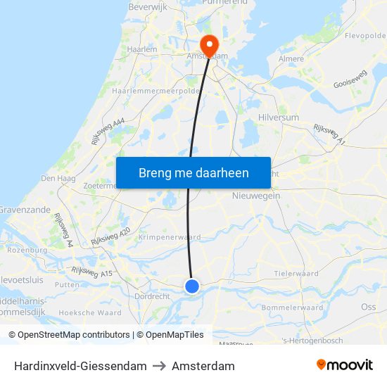 Hardinxveld-Giessendam to Amsterdam map