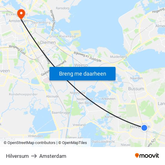 Hilversum to Amsterdam map