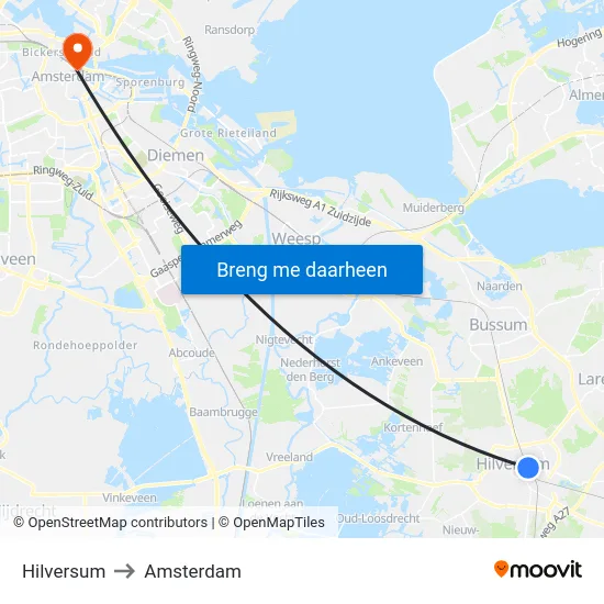 Hilversum to Amsterdam map