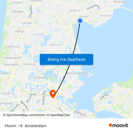 Hoorn to Amsterdam map