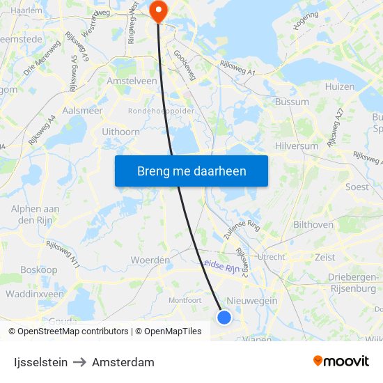 Ijsselstein to Amsterdam map