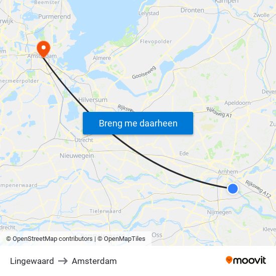 Lingewaard to Amsterdam map