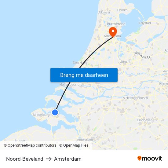 Noord-Beveland to Amsterdam map
