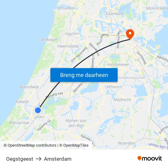 Oegstgeest to Amsterdam map