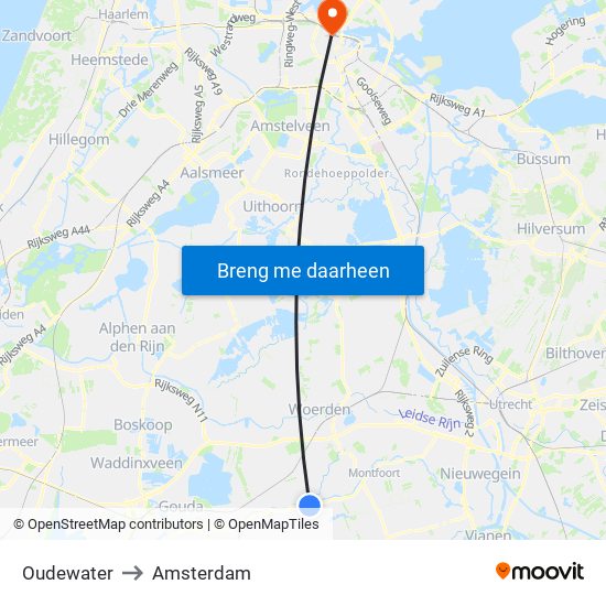 Oudewater to Amsterdam map