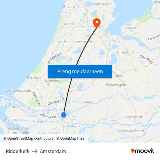 Ridderkerk to Amsterdam map