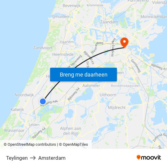 Teylingen to Amsterdam map