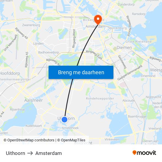 Uithoorn to Amsterdam map