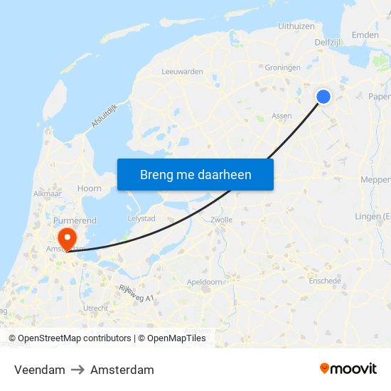 Veendam to Amsterdam map