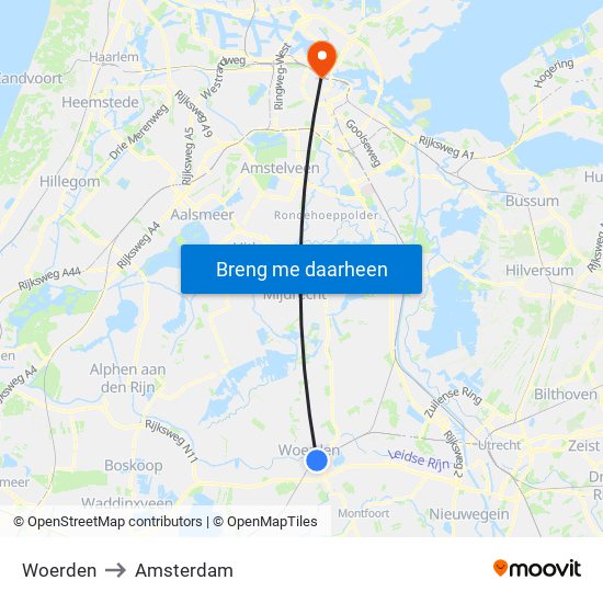 Woerden to Amsterdam map