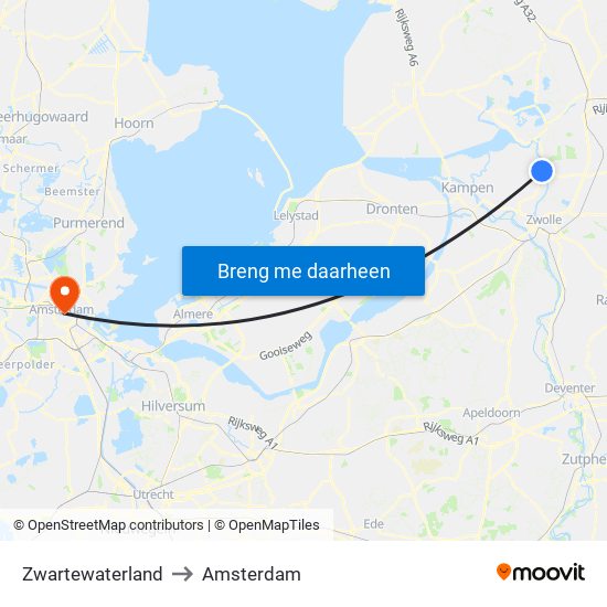 Zwartewaterland to Amsterdam map