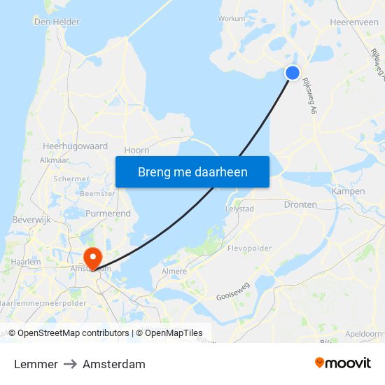 Lemmer to Amsterdam map
