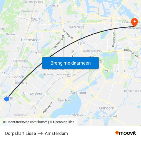 Dorpshart Lisse to Amsterdam map