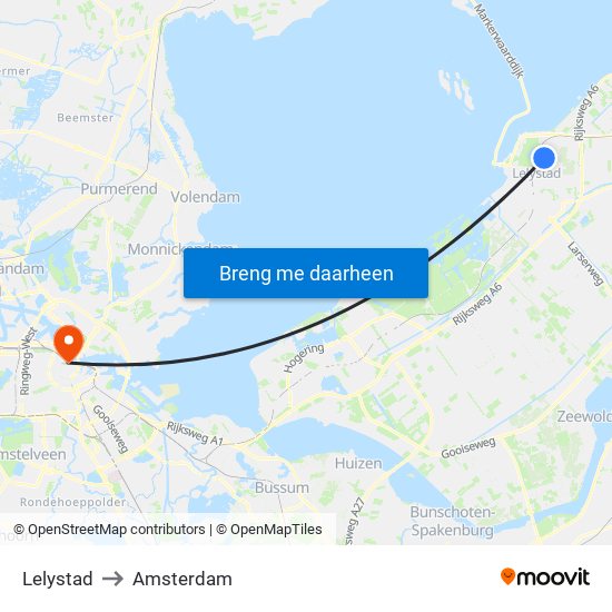 Lelystad to Amsterdam map