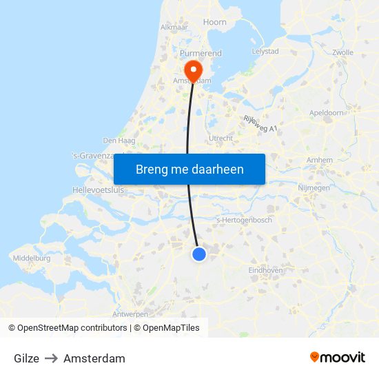 Gilze to Amsterdam map