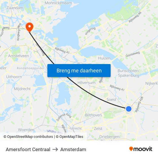 Amersfoort Centraal to Amsterdam map