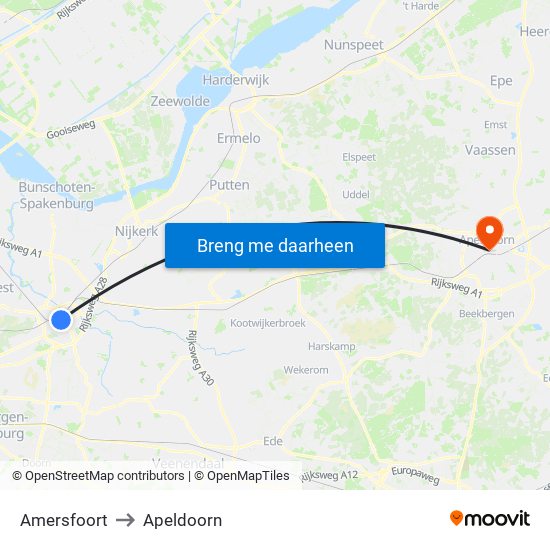 Amersfoort to Apeldoorn map