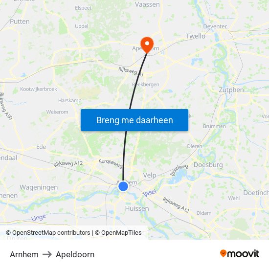 Arnhem to Apeldoorn map