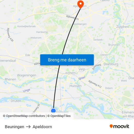 Beuningen to Apeldoorn map