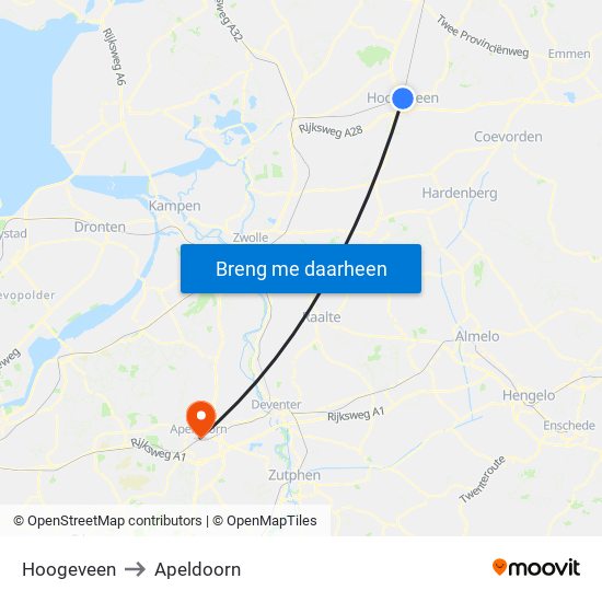 Hoogeveen to Apeldoorn map