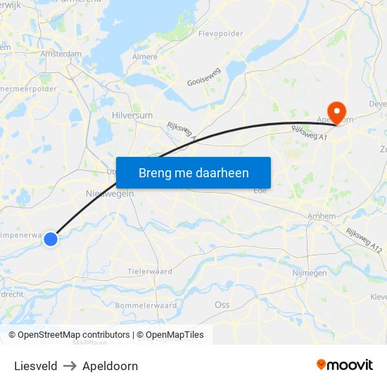 Liesveld to Apeldoorn map