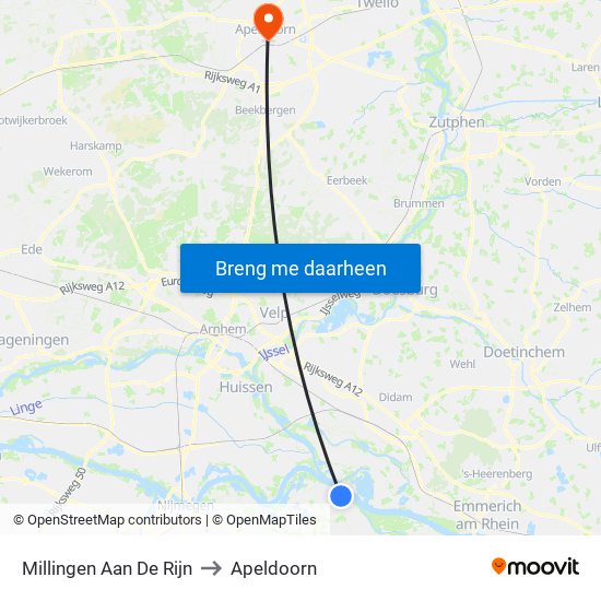 Millingen Aan De Rijn to Apeldoorn map
