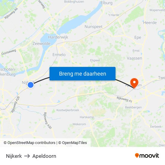 Nijkerk to Apeldoorn map