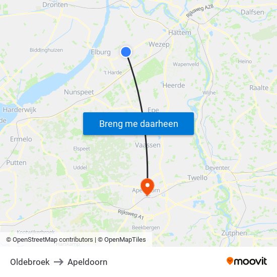 Oldebroek to Apeldoorn map