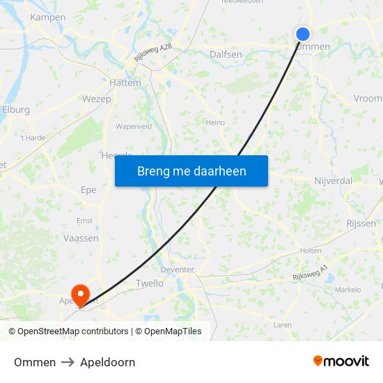 Ommen to Apeldoorn map