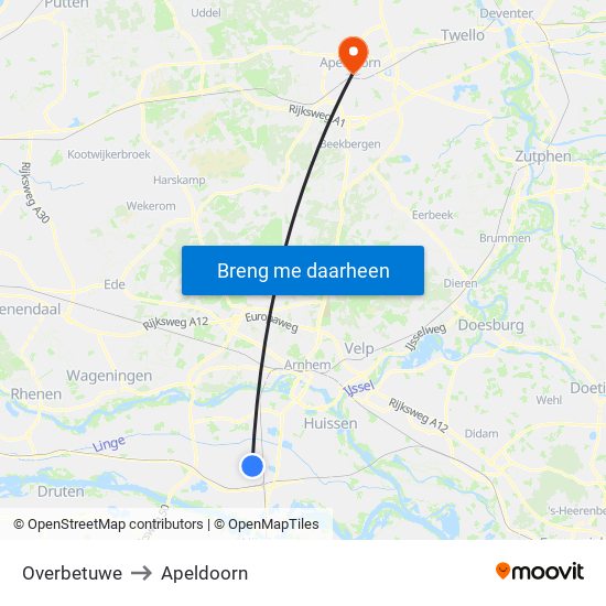 Overbetuwe to Apeldoorn map