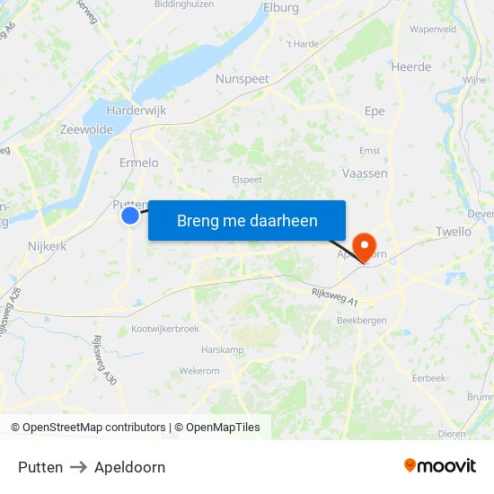 Putten to Apeldoorn map