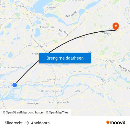 Sliedrecht to Apeldoorn map