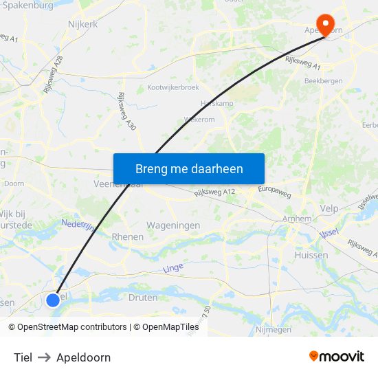 Tiel to Apeldoorn map