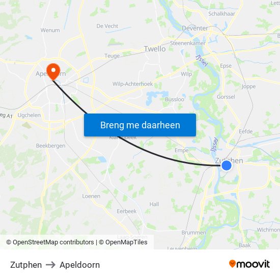 Zutphen to Apeldoorn map