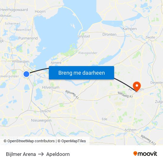 Bijlmer Arena to Apeldoorn map