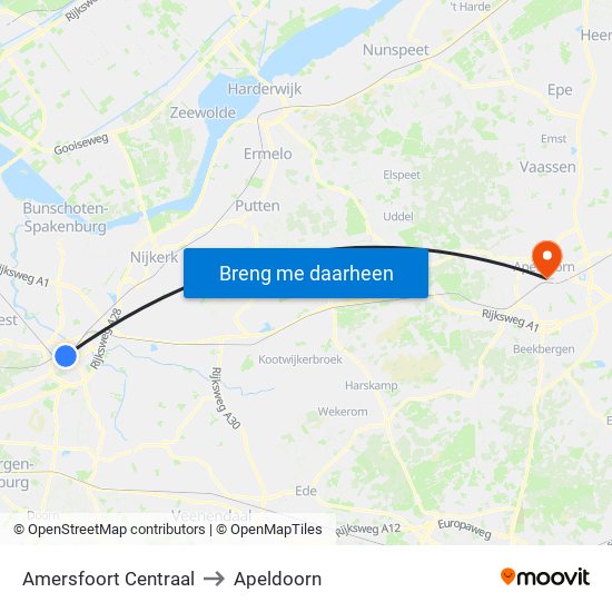 Amersfoort Centraal to Apeldoorn map