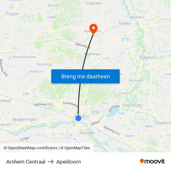 Arnhem Centraal to Apeldoorn map
