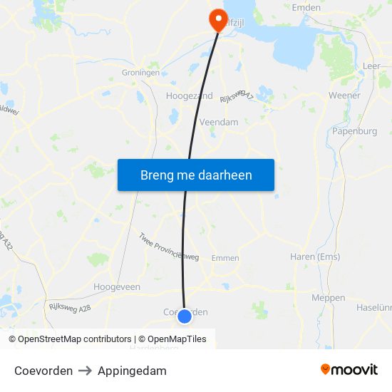 Coevorden to Appingedam map