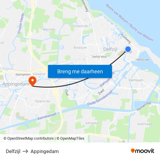 Delfzijl to Appingedam map