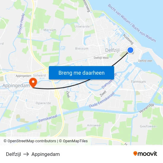 Delfzijl to Appingedam map