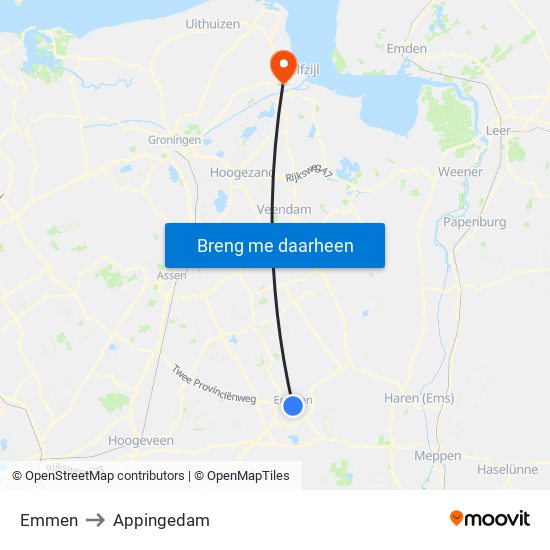 Emmen to Appingedam map
