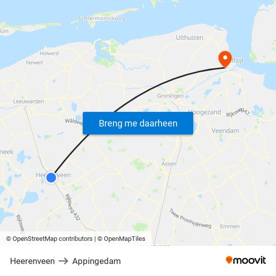 Heerenveen to Appingedam map