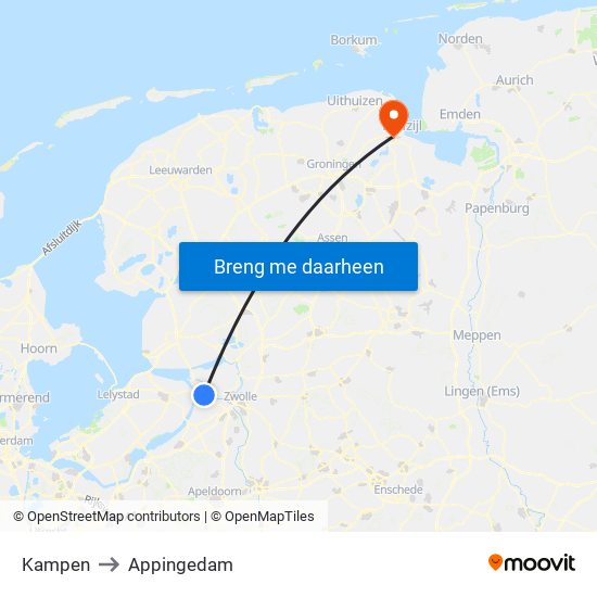 Kampen to Appingedam map