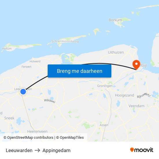 Leeuwarden to Appingedam map